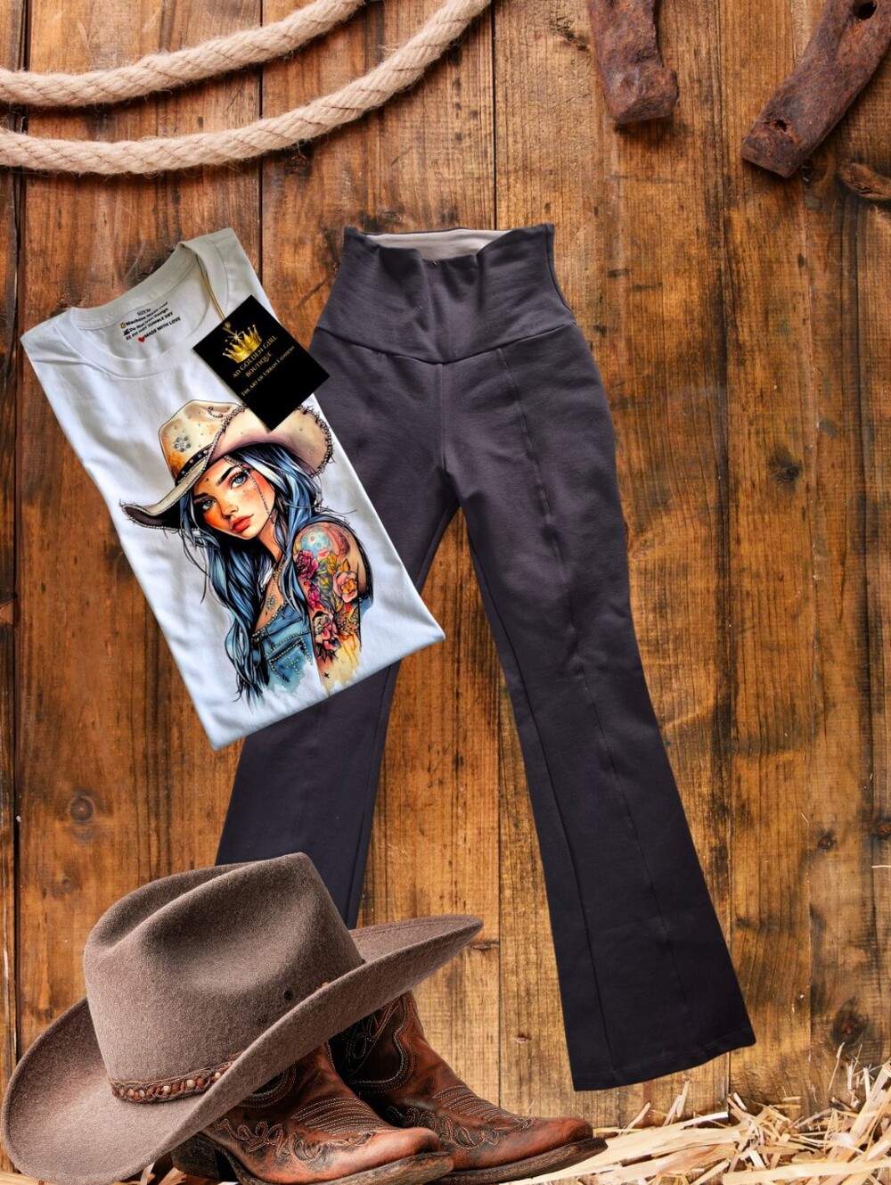 Western Baddie Outfit Bundle - Premium Le Cle Shaping Jeans & Rhinestone Tee